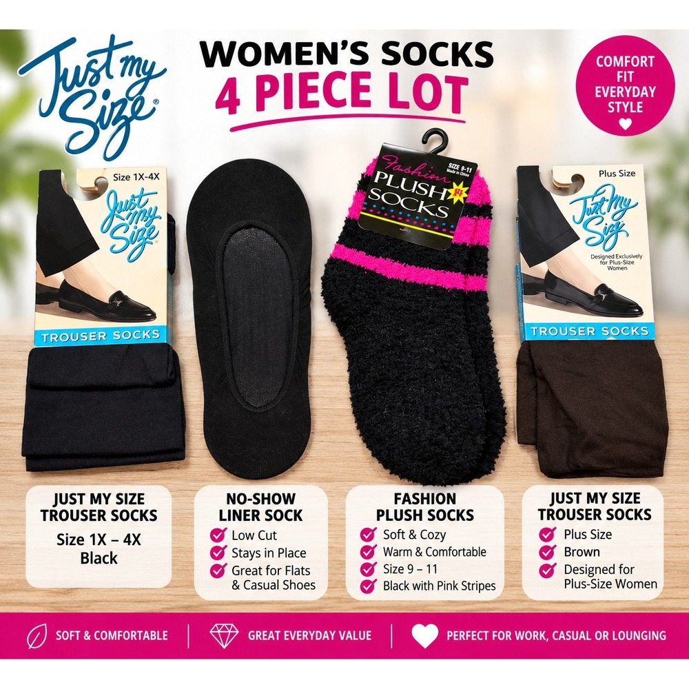 Just My Size Womens Socks 4 Piece Lot Plus Size Trouser Plush No Show Liner Sock